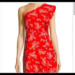 Red floral print mini dress, one shoulder flutter cap sleeve, 19 Cooper, Large